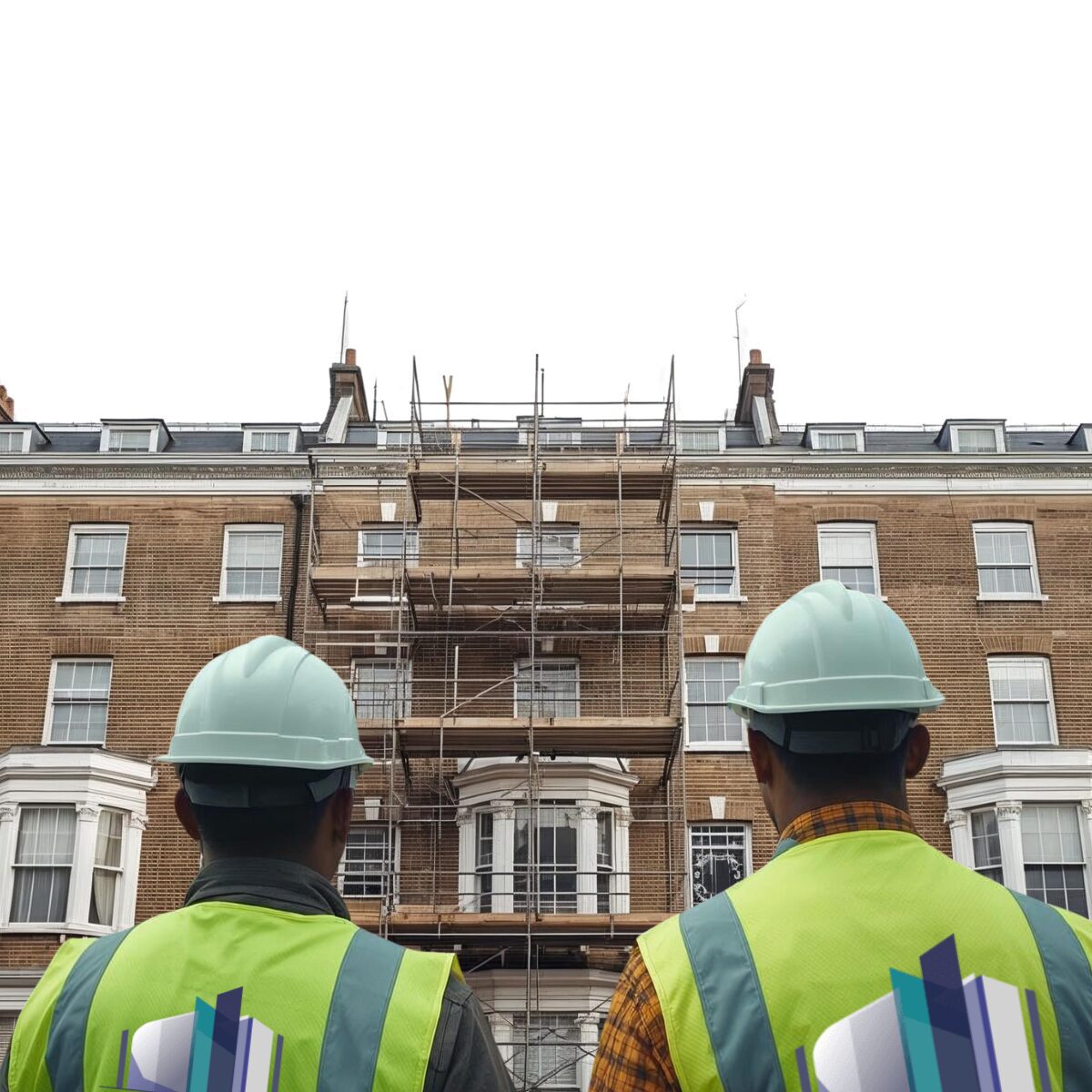 High-End Building Services London team outside a luxury townhouse with scaffolding, demonstrating expertise as a Main Contractor.